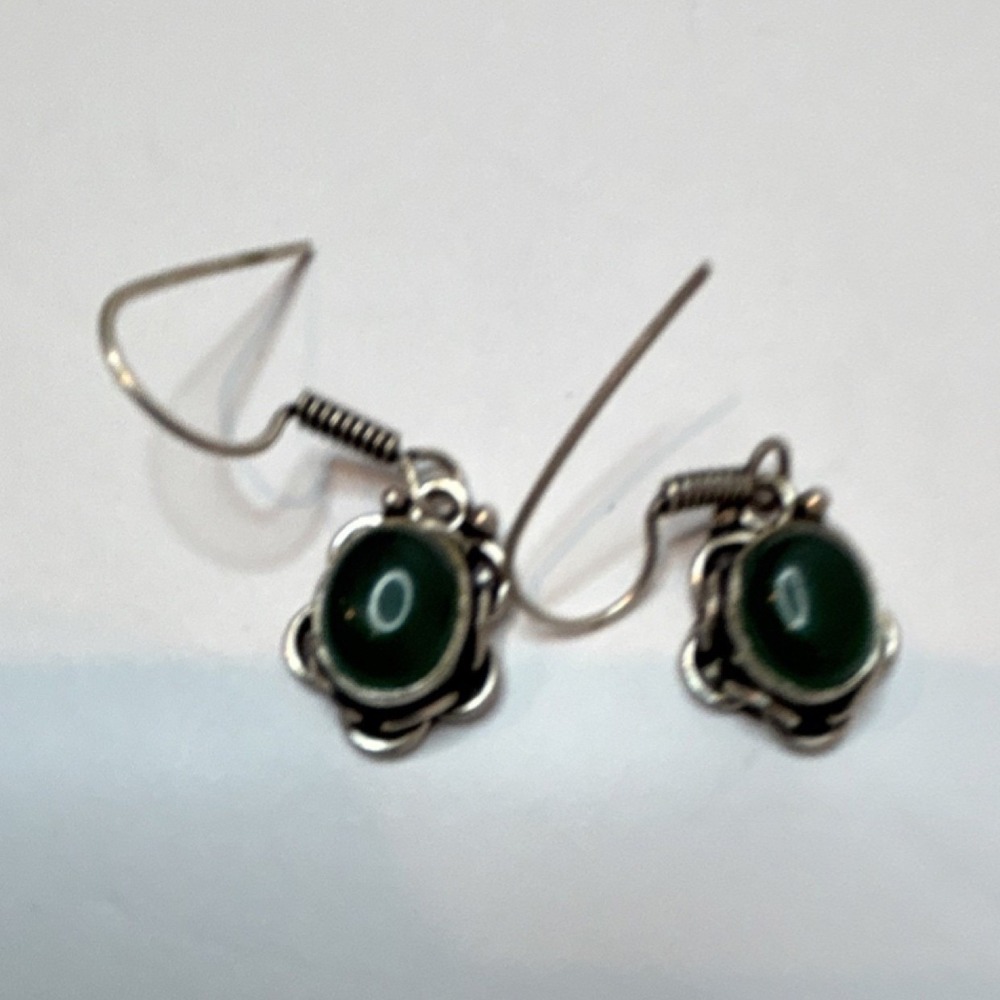 Vintage Green Cabochon Dangle Earrings Silver Metal Oval Bezel Setting